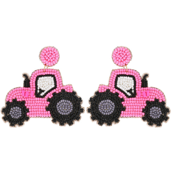 Pink Tractor Beaded Earrings