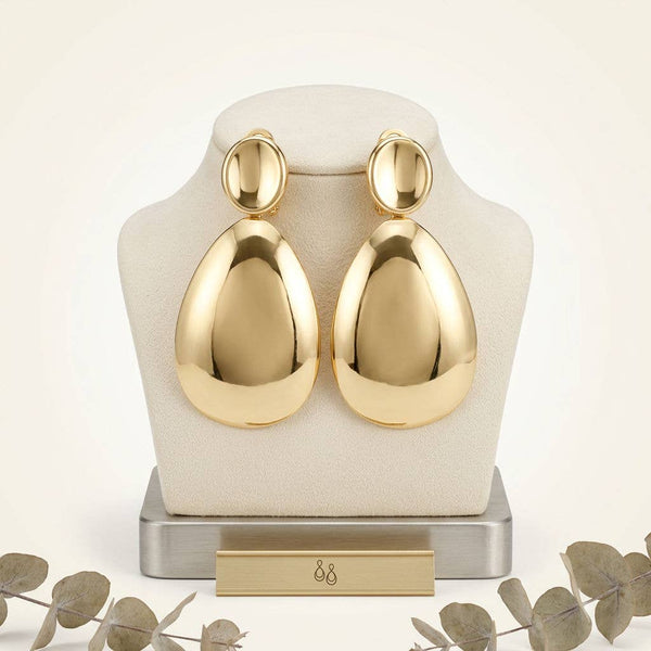 XL Gold Polished Curved Oval Drop Earrings (Clip On)