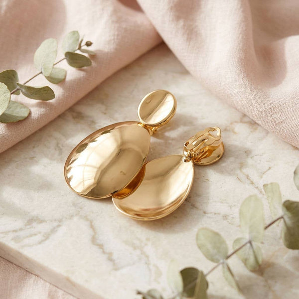 XL Gold Polished Curved Oval Drop Earrings (Clip On)