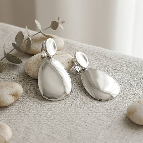 XL Silver Polished Curved Oval Earrings (Clip On)